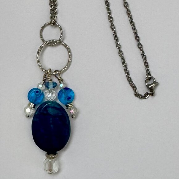 Necklace handmade 3 tier dangle silver turqoise clear crystal glass beads OOAK - Picture 4 of 5